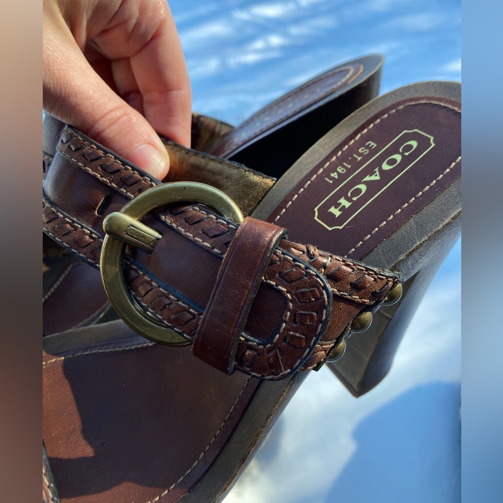 Coach Chrissy Brown Leather Whipstitch Gold Buckle Gold Studded Wooden Heels - Picture 11 of 17